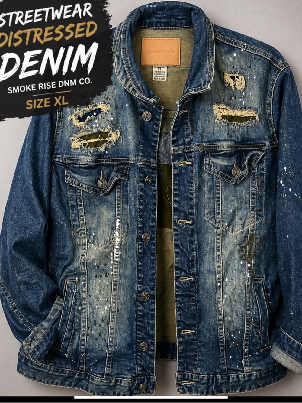 Smoke Rise Distressed Paint Splatter Trucker Denim Jacket XL Streetwear Y2K